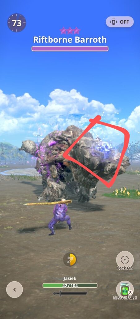 Screenshot z walki z Riftborne Barroth