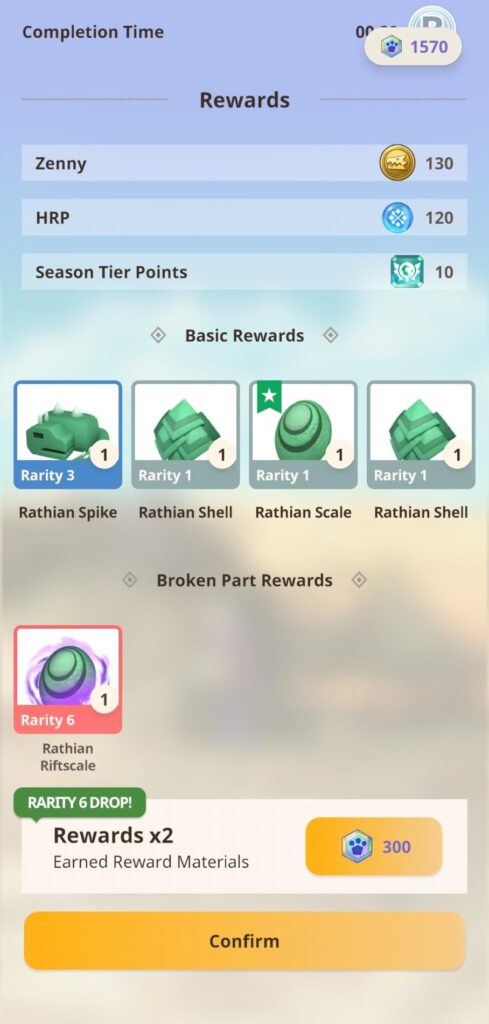 Screenshot z gry prezentujący loot po walce z Riftborne Rathian