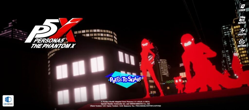 Zrzut ekranu z Persona 5: The Phantom X przedstawiający ekran startowy gry.