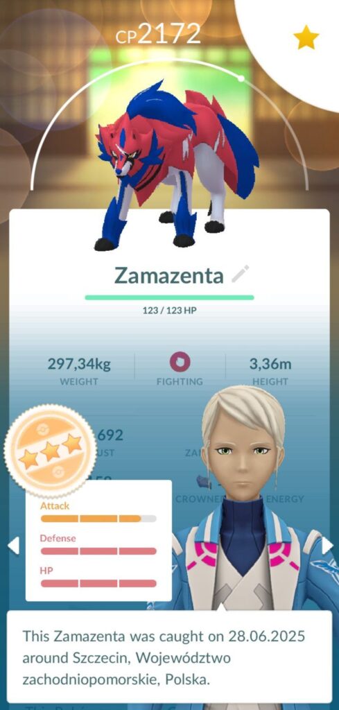 Zrzut ekranu z Pokemon GO przedstawiający Zamazentę - bez tarczy, bo jest nadzieja na zdobycie lepszego