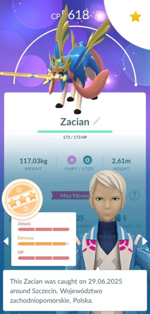Zrzut ekranu z Pokemon GO przedstawiający wymaksowanego Zaciana z mieczem