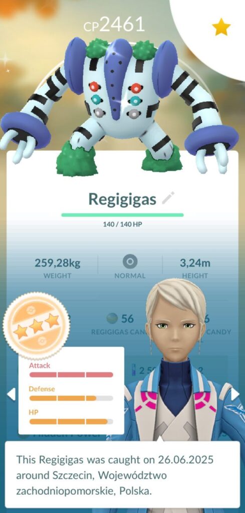 Zrzut ekranu z Pokemon GO przedstawiający złapanego Shiny Regigigasa