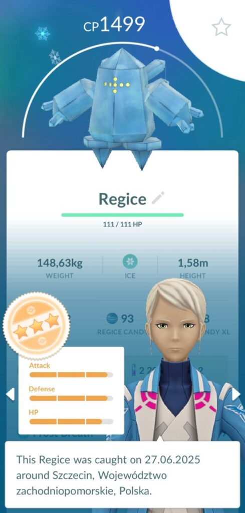 Zrzut ekranu z Pokemon GO przedstawiający złapanego Regice