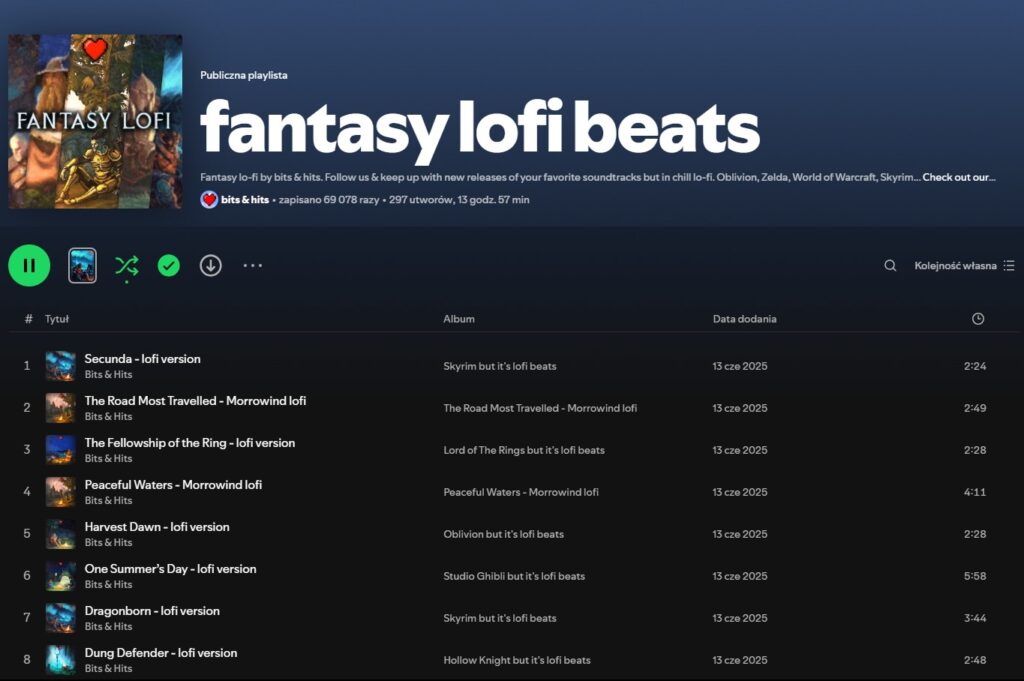 Zrzut ekranu przedstawiający playlistę autorstwa Bits & Hits, zatytułowaną "fantasy lofi beats"