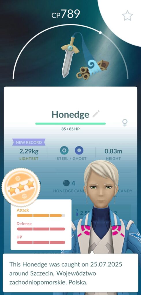 Zrzut ekranu z Pokemon GO pokazujący Honedge z wysokimi IV