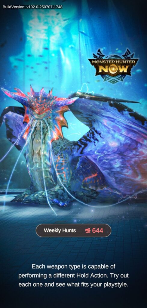 Zrzut ekranu pokazujący ekran ładowania Monster Hunter Now wraz z liczbą pokonanych w danym tygodniu potworów