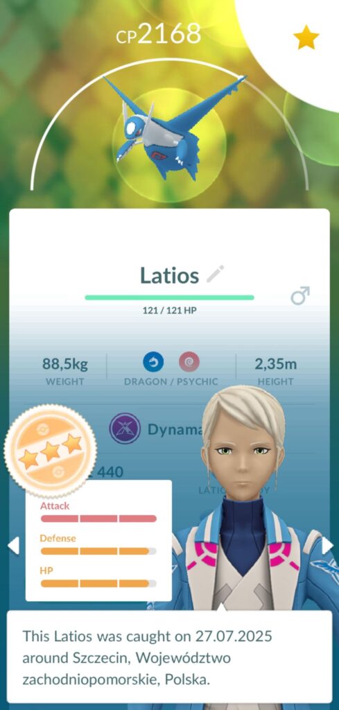 Zrzut ekranu z Pokemon GO pokazujący Latios z wysokimi IV