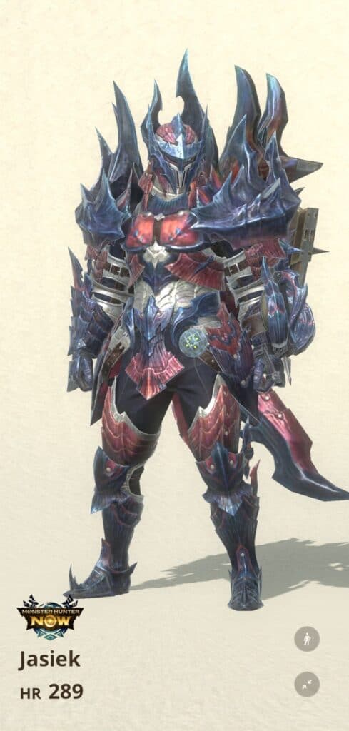 Zrzut ekranu z Monster Hunter Now przedstawiający komplet zbroi z Glavenusa
