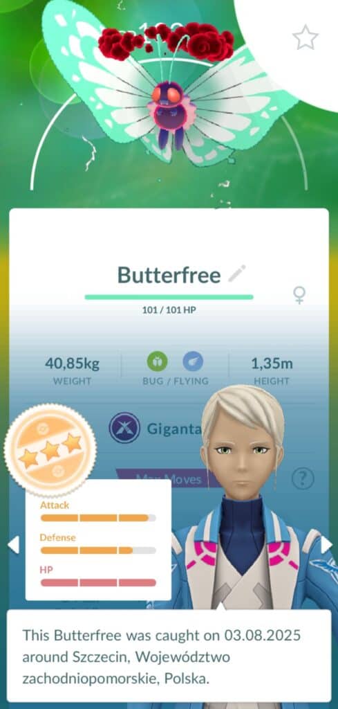Zrzut ekranu z Pokemon GO przedstawiający Gigantamax Butterfree złapanego w weekend