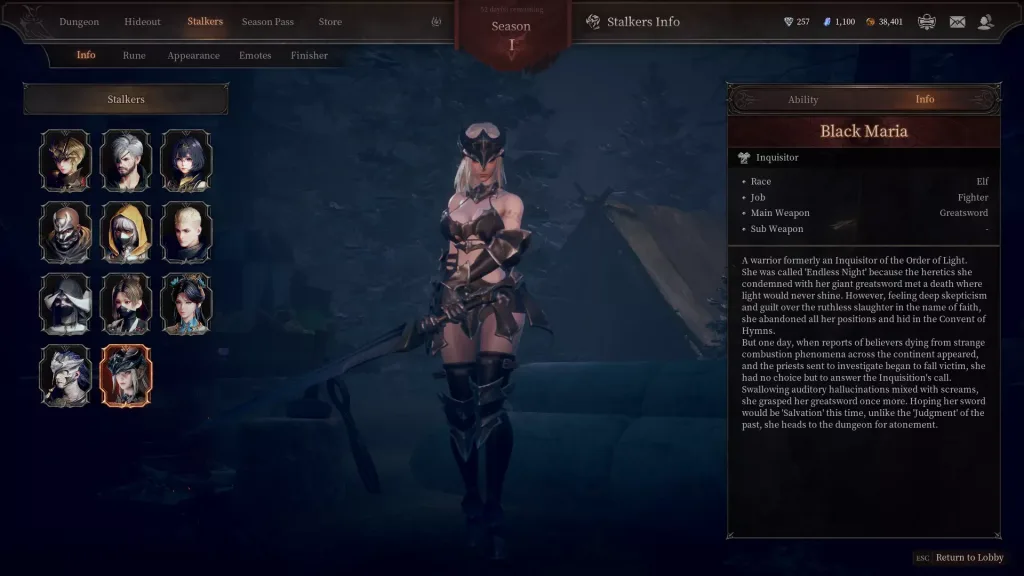 Opis postaci w grze Dungeon Stalkers, prezentujące postać Black Maria w ciemnej zbroi z wielkim mieczem.