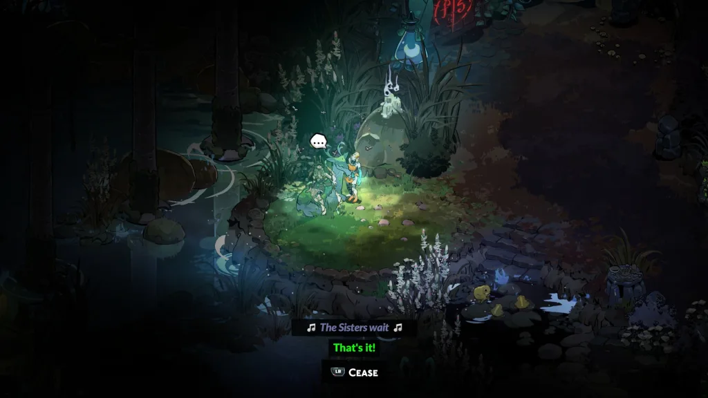 Melinoë stoi przy stawie w mrocznym lesie w grze Hades II. Widoczny interfejs dialogowy i napisy o Siostrach.
