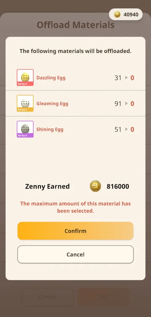 Ekran z Monster Hunter Now pokazujący sprzedaż jajek (Dazzling, Gleaming, Shining Egg) i zarobione Zenny.