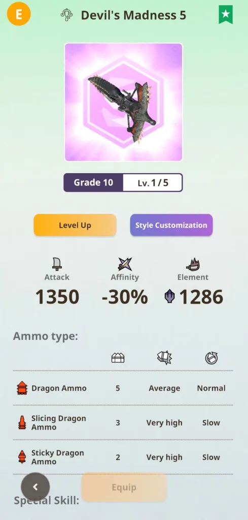 Statystyki Light Bowguna Devil's Madness 5 z Monster Hunter Now, ulepszonego do 10 stopnia.