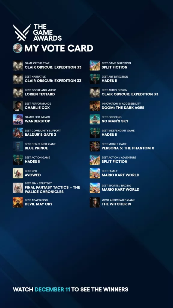 The Game Awards 2025 Vote Card