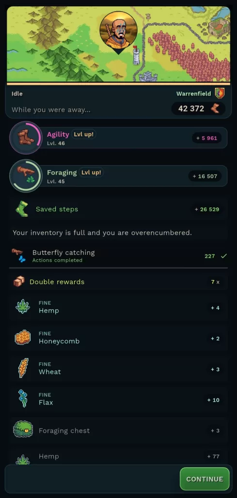 Zrzut ekranu z gry Walkscape przedstawiający efekty tygodnia łapania motyli w grze