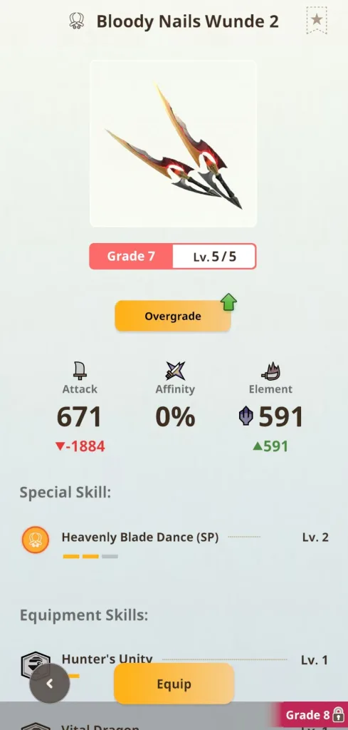 Zrzut ekranu przedstawiający przedmiot w grze 'Monster Hunter Now': Bloody Nails Wunde, prezentujący szczegóły, takie jak poziom, obronę i umiejętności.