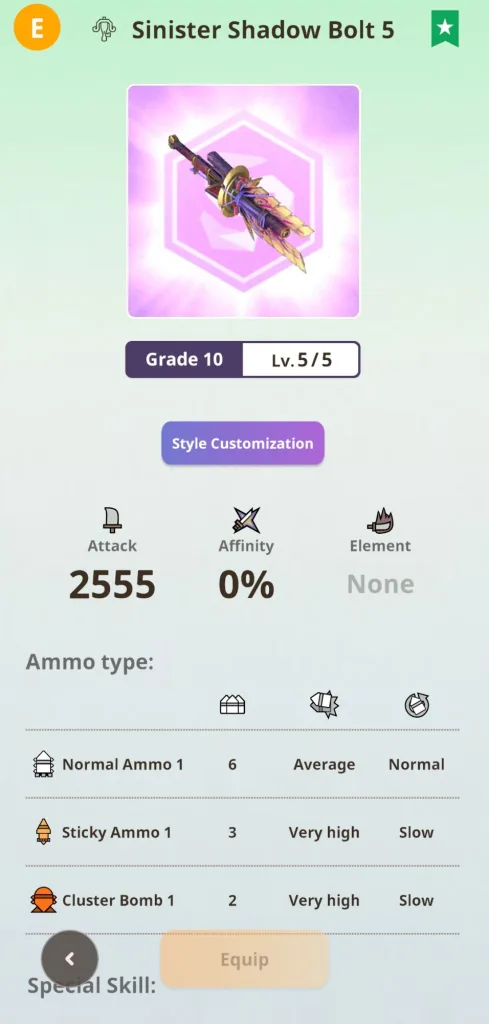 Zrzut ekranu przedstawiający broń Sinister Shadow Bolt 5 z gry, z informacjami o danych, takich jak atak, poziom, typ amunicji i umiejętność specjalna.