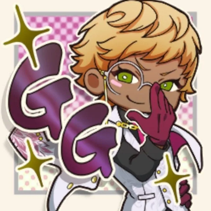 Ilustracja przedstawiająca postać z gry Monster Hunter Now, uśmiechającą się i machającą ręką, z napisem 'GG' obok. Tło w jaskrawych kolorach z efektami świetlnymi.