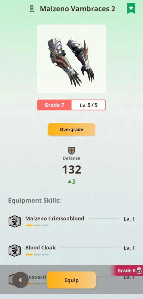 Zrzut ekranu przedstawiający zbroję Malzeno Vambraces 2 w grze Monster Hunter Now, z informacjami o poziomie, obronie i umiejętnościach.