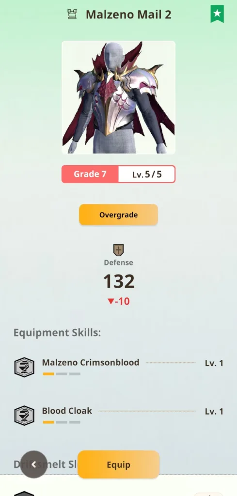 Ekran przedstawiający zbroję Malzeno Mail 2 z gry Monster Hunter Now, poziom 7, z dodatkowymi umiejętnościami i statystykami obrony.