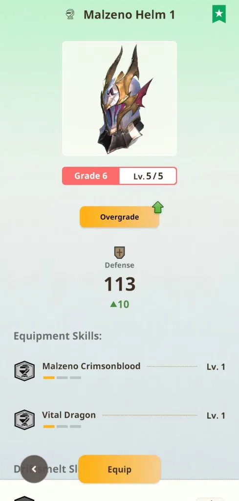 Zrzut ekranu przedstawiający hełm Malzeno w grze Monster Hunter Now, z informacjami o poziomie, punkcie obrony i umiejętnościach wyposażenia.