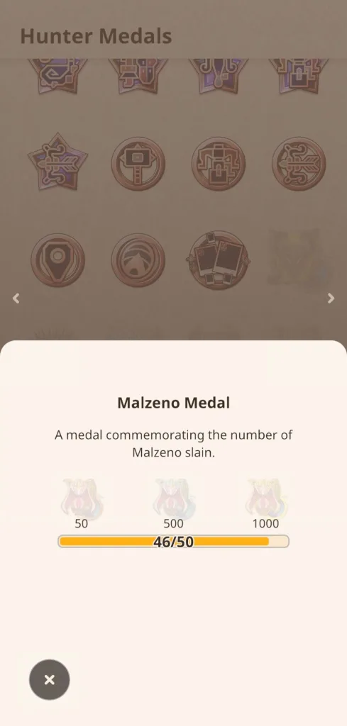 Ekran medali myśliwego z medalą Malzeno, pokazującą postęp w ilości pokonanych Malzeno. W górnej części grafiki znajduje się napis 'Malzeno Medal', a poniżej pasek postępu z aktualną wartością 46/50.