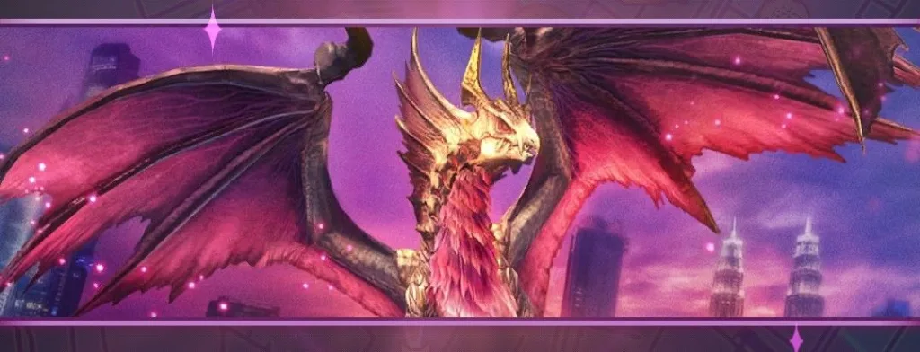 Ilustracja przedstawiająca potwora Malzeno z gry Monster Hunter, z różowymi skrzydłami i majestatycznym wyrazem twarzy, na tle miejskiego krajobrazu.