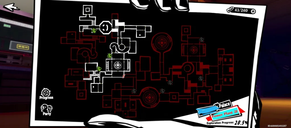 Czarno-czerwona mapa minimapy z gry Persona 5: The Phantom X, pokazująca układ pomieszczeń na piętrze Power Plant 2F z widoczną ikoną gracza.