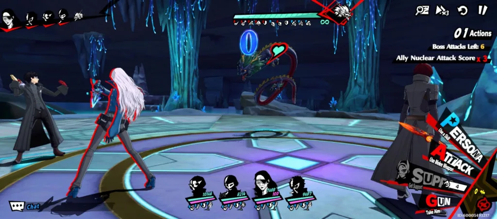 Scena walki z gry Persona 5: The Phantom X. Postacie Wonder i inni Phantom Idols walczą ze smokiem. Widoczny interfejs wyboru akcji z przyciskami Attack, Gun, Persona.  stojący na drewnianym blacie.
