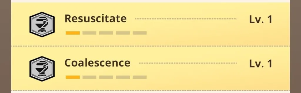 Zrzut ekranu z gry Monster Hunter Now przedstawiający opis umiejętności Resuscitate Lv. 1 oraz Coalescence Lv. 1 na żółtym tle.
