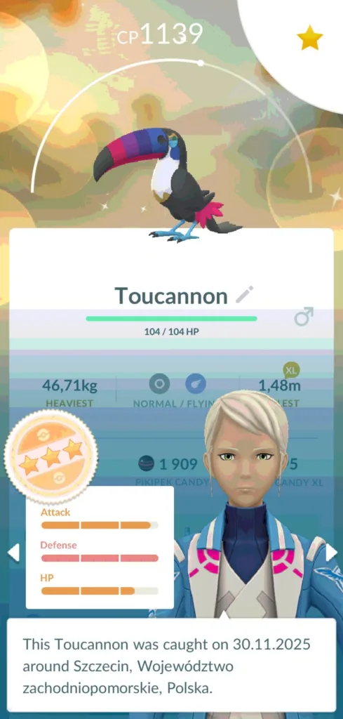 Toucannon w Pokemon GO z oceną 3 gwiazdki i znacznie zapełnionymi paskami statystyk. Liderka Blanche prezentuje wynik appraisal.