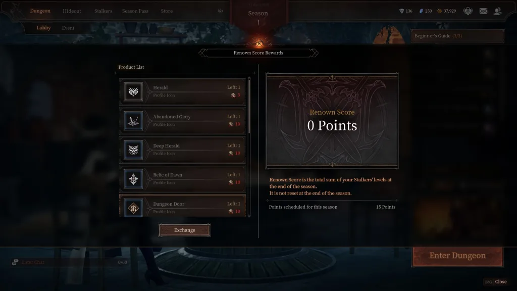 Ekran nagród za punkty Renown Score w Dungeon Stalkers, pokazujący ikony profilowe do wymiany oraz wyjaśnienie działania systemu.