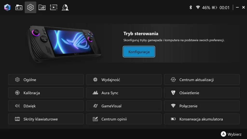 Ekran ustawień Armoury Crate SE z widoczną opcją "Tryb sterowania" i przyciskiem "Konfiguracja".