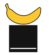Żółty banan leżący na czarnym kwadracie z białą linią na dole.