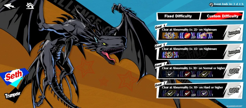 Ekran celów wyzwania w Persona 5: The Phantom X z postacią Setha oraz listą zadań do wykonania na różnych poziomach trudności.