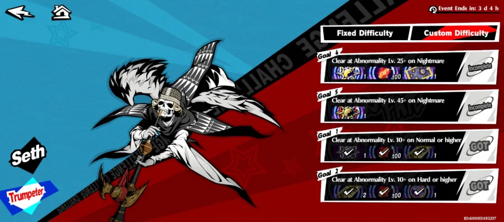 Ekran celów wyzwania w Persona 5: The Phantom X z postacią Trumpetera oraz listą zadań do wykonania na różnych poziomach trudności.