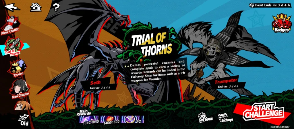Ekran główny wydarzenia "Trial of Thorns" w Persona 5: The Phantom X, prezentujący bossów Setha i Trumpetera.