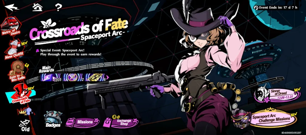 Ekran główny wydarzenia "Crossroads of Fate Spaceport Arc" w Persona 5: The Phantom X, z postacią żeńską w kapeluszu i masce.
