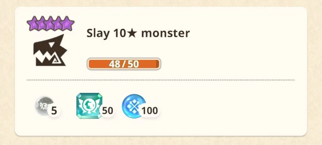 Ekran postępu zadania "Slay 10 ★ monster" z postępem 48/50 i nagrodami w grze Monster Hunter Now.