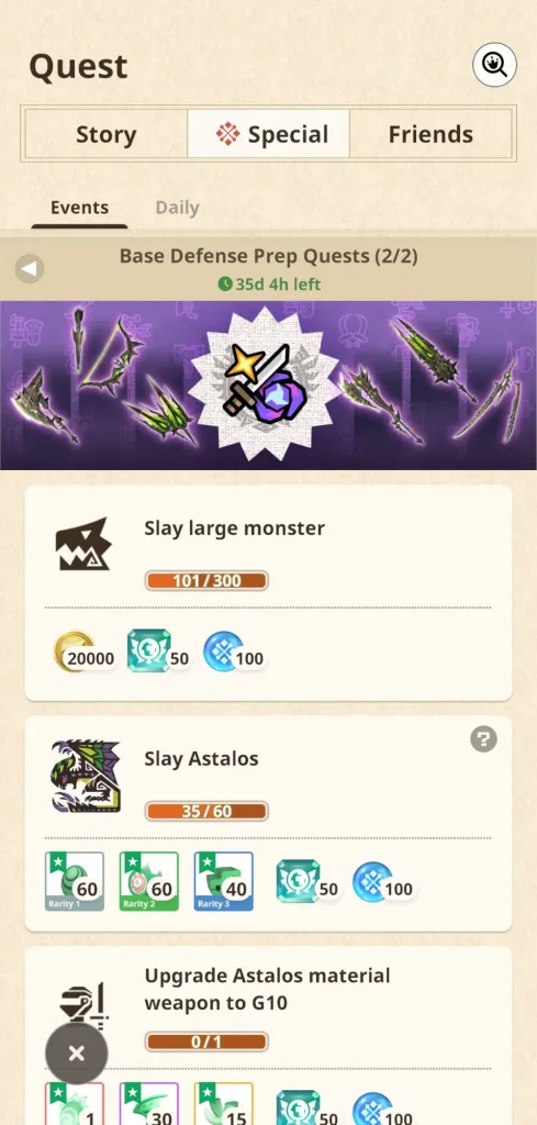 Ekran zadań "Base Defense Prep Quests" w Monster Hunter Now, pokazujący postęp w zabijaniu potworów i ulepszaniu broni.