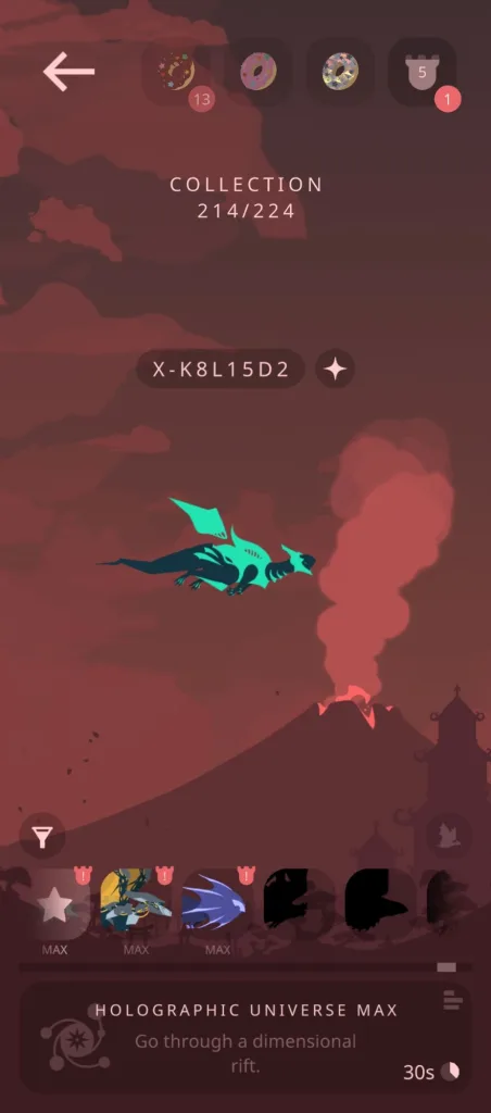 Ekran kolekcji w grze Flappy Dragon pokazujący turkusowego smoka i licznik 214 na 224 zdobytych smoków.