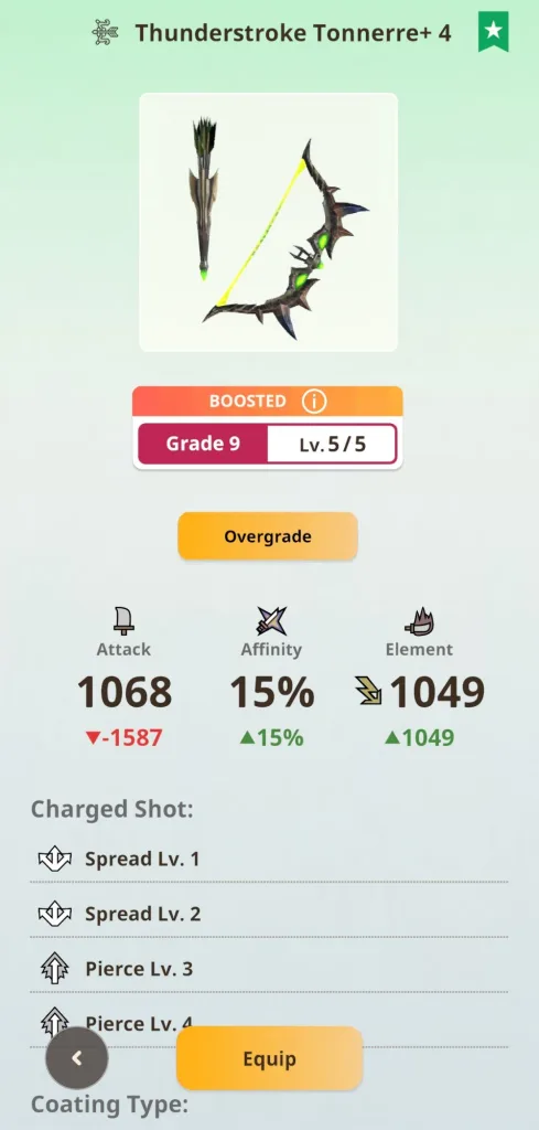 Statystyki łuku Thunderstroke Tonnerre+ 4 w grze Monster Hunter Now, broń poziomu 9.
