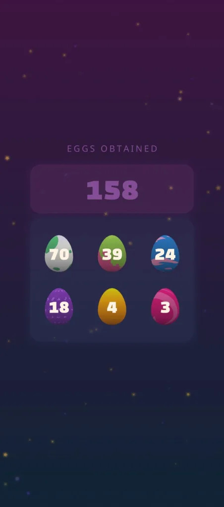 Ekran podsumowania rundy we Flappy Dragon z wynikiem 158 zdobytych smoczych jaj różnego rodzaju.