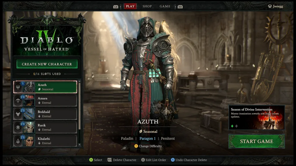 Ekran wyboru postaci w Diablo IV prezentujący Paladyna o nazwie Azuth na 1. poziomie Paragon