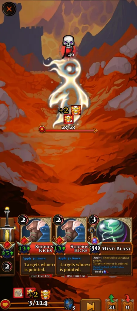 Walka karciana w Worldseekers przeciwko świecącemu przeciwnikowi z widocznymi kartami Surprise Kicks i Mind Blast.