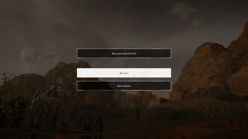 Menu gry z opcjami 'Recreate Battlefield', 'Restart' i 'Quit Battle' na tle krajobrazu z górami i armią.