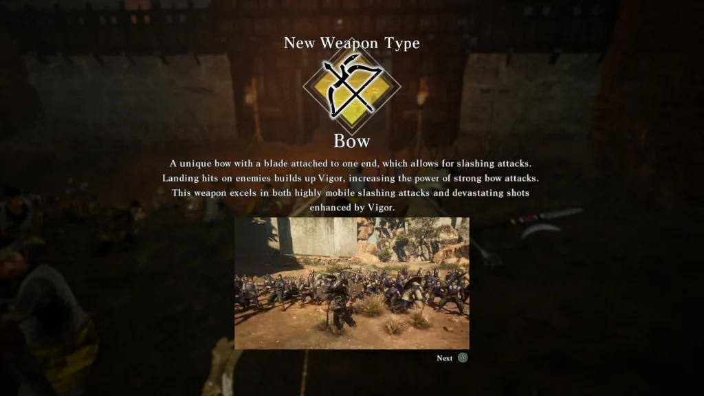 Ekran Dynasty Warriors: Origins z opisem nowego typu broni: łuk. Broń posiada ostrze i pozwala na ataki tnące.