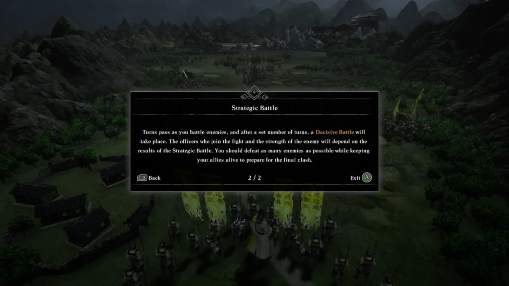 Interfejs Dynasty Warriors: Origins z tekstem "Strategic Battle" i opisem rozgrywki.