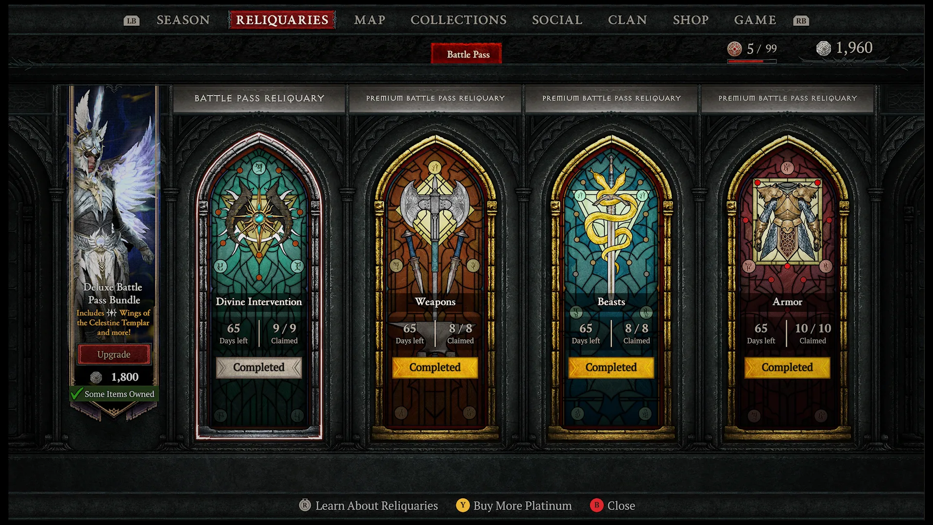 Ekran menu relikwiarzy w Diablo 4 z czterema witrażami oznaczonymi jako ukończone.