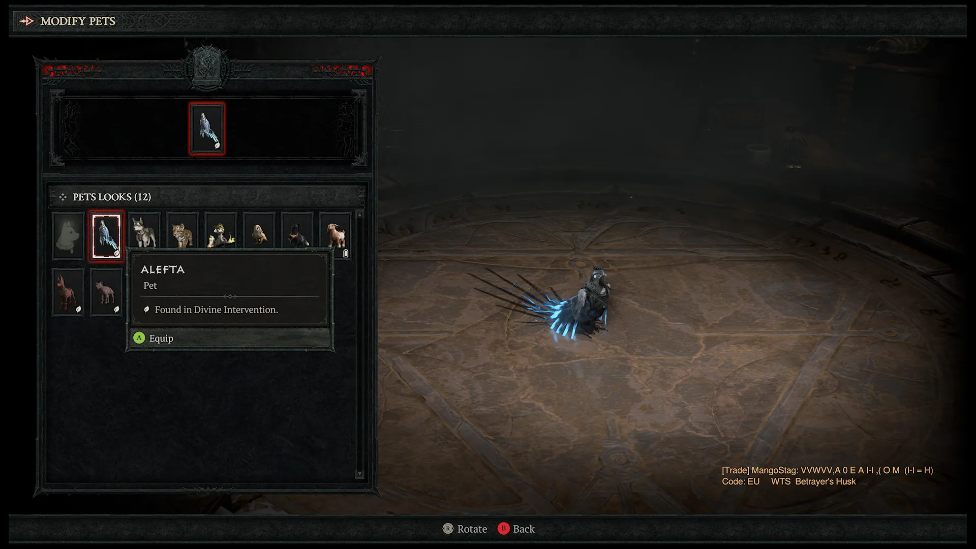 Menu personalizacji zwierzaków w Diablo 4 z wybranym niebieskim ptakiem o imieniu Alefta.